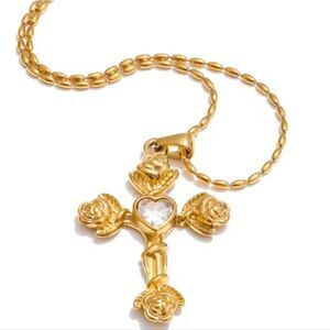Free People Gold Roses Cross Necklace with Heart Accent
